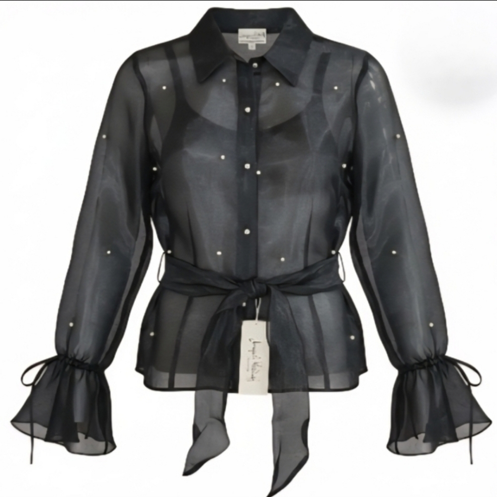 Joseph Ribkoff Black Sheer Organza Blouse Faux Pearls Bell Sleeve Tie Waist NWT4 - Picture 12 of 14